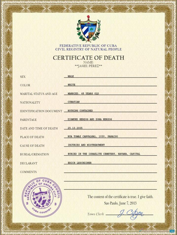 Download Cuba vital record death certificate PSD template Photoshop template